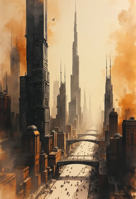 A bold inkplash-meets-watercolor wash artwork, expertly painted on rice paper using rich sepia, burnt henna, and ink-black hues. an advanced sci-fi cityscape, with gleaming towers and skyscrapers, clear sky