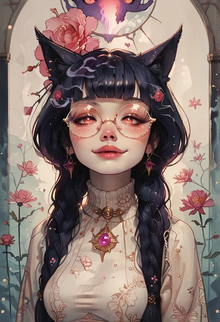 score_9, score_8_up, score_7_up, score_6_up, pastel, watercolor, floral, ArsMJStyle, Art Nouveau, Fl0ralD0lls,
White hair, blunt bangs, long braids,
cute, female, 1girl, pokemon girl, holding PokeBall,
in a flowery meadow, gengar, gengar girl, purple smoke,
large breasts, white knitted cropped sweater, 
Smiling, round glasses,