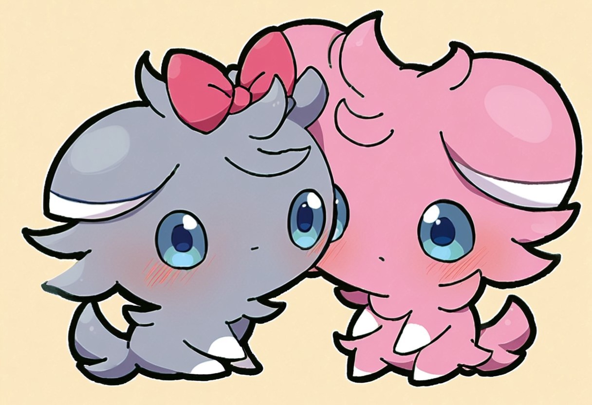 score_10, score_9_up, detail, source_furry, rating_safe, espurr, two espurrs, cute, feral, pokemon \(species\), chibi, 1boy1girl, a couple, equal, a couple of espurrs, a shiny espurr and a normal espurr, espurrs with gray fur and pink fur, girl with pink fur, boy with gray fur, pink fur with hair bow, looking at another, eye contact