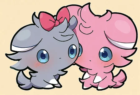 score_10, score_9_up, detail, source_furry, rating_safe, espurr, two espurrs, cute, feral, pokemon \(species\), chibi, 1boy1girl, a couple, equal, a couple of espurrs, a shiny espurr and a normal espurr, espurrs with gray fur and pink fur, girl with pink fur, boy with gray fur, pink fur with hair bow, looking at another, eye contact