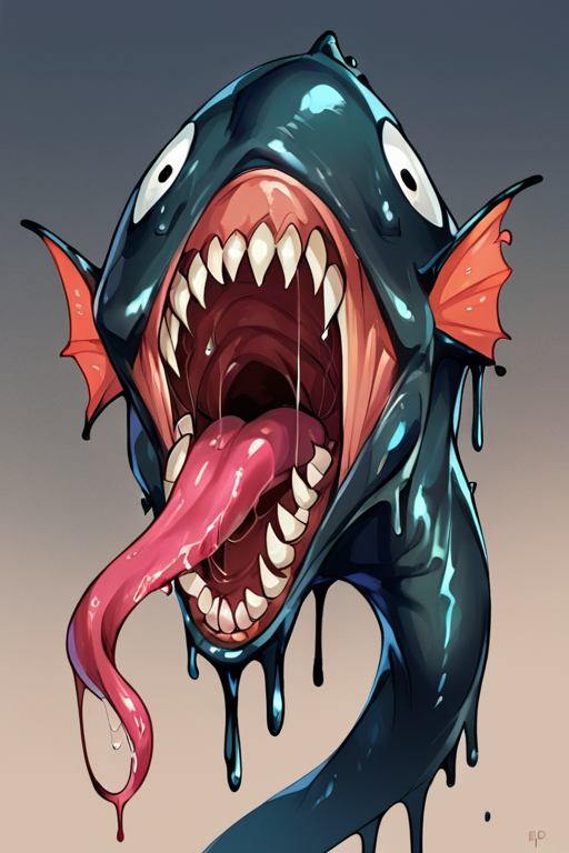 score_9, score_8_up, score_8, score_7, magikarp, fish body, cover in black goo, <lora:s1m13073PNYXL_V00:0.6> s1m13073, saliva, long tongue