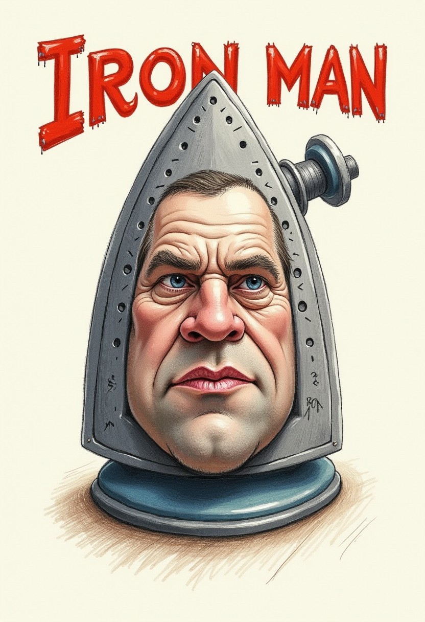 a caricature drawing of an old smoothing-iron a very detailed stern face with no cheeks, chin or forehead embedded into the iron, the colorful stylized text reads: "Iron Man"