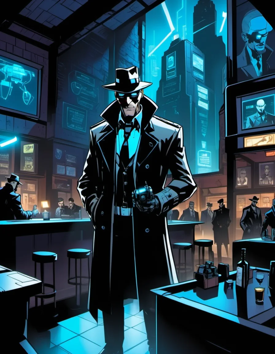 breathtaking graphic novel illustration At a grimy bar where holograms flicker and synth music drones, a detective with a trench coat and a past full of regrets hunts for clues in a case that could change the course of the city's future. <lora:Graphic_Novel_Illustration-000007:1>