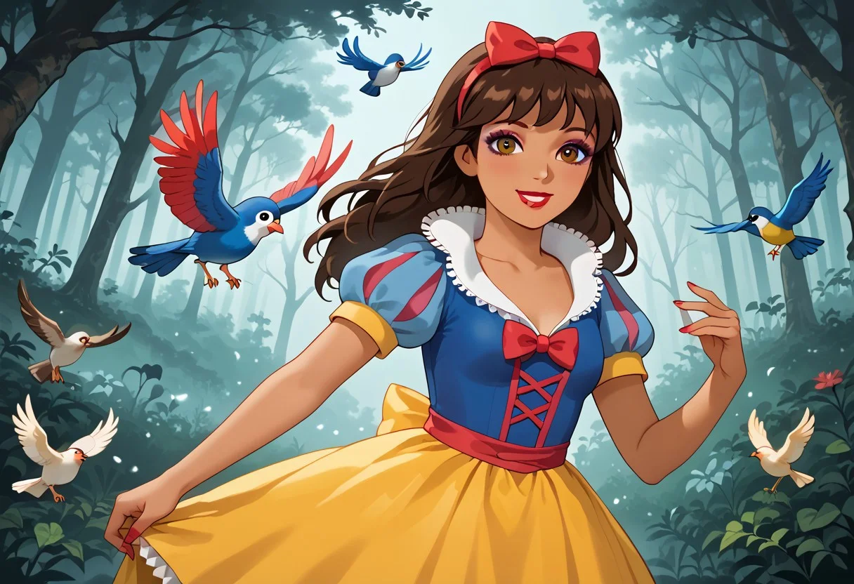 score_9, score_8_up, score_7_up, 1girl, solo, dora_af, (adult body:1.2), adult face, perfect eyes, slim body, mediunm perky breasts, small butt, narrow waist, narrow hips, dark-skinned female, brown hair, long hair, , makeup, eyeshadow, eyeliner, lipstick, shy smile, snow white cosplay, snow white (disney) (cosplay), cosplay, dress, hair bow, puff and slash sleeves, puffy short sleeves, puffy sleeves, red bow, short sleeves, skirt, yellow skirt, posing sensually, forest, animals around, birds flying.
