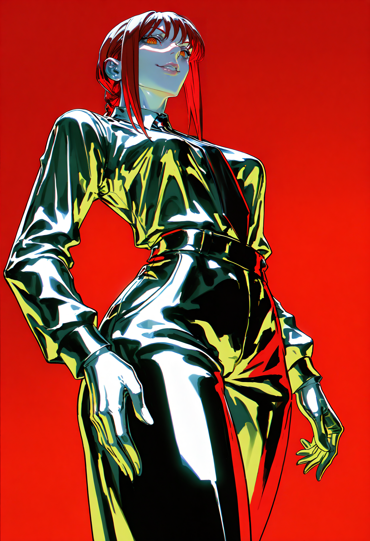 best quality, amazing quality, very aesthetic, absurdres,
chrome, shiny skin, chrome clothing, chrome skin,
1girl, makima \(chainsaw man\), red hair, ringed eyes, yellow eyes.
chrome shirt, necktie, chrome pants,
smile, view from below, looking at viewer, solo, red background, <lora:ChromeNoob_byKonan:1>