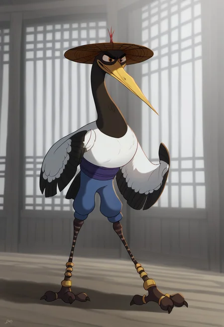 kfp2d, solo, 1boy, mastercr4ne, score_9, score_8_up, score_7_up, score_6_up, score_5_up, score_4_up, source_furry, hi res, sfw. 2D artwork.
1boy, crane, no humans, bird, talons, solo, pants, hat, animal focus, feral
standing, fighting pose, kung fu pose, smile.
fighting arena, indoors, day, chinese structure.