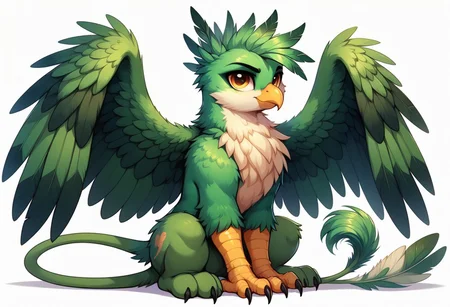 score_9, score_8_up, score_7_up, score_6_up, griffon, megafeatherypony, original character, Wenge body color by code ((5D5B54)), Dollar Bill Green feather bangs color by code ((87BA59)), eye color Persian Orange ((D08E51)), griffon, my little pony, male, tail with a dawn colored tassel ((A4A097)), the wings are folded behind the back, solo, white background, sitting, hind legs bent, Looks at the viewer