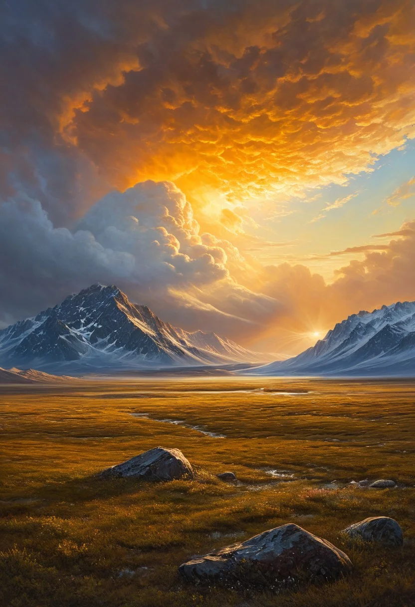 (masterpiece:1.4), (intricate details:1.4), (hyperrealistic:1.3),(painting:0.9),(fantasy landscape:1.3), Arctic tundra with permafrost patterns, Supercell rotating over prairie, Mammatus pouches under storm deck, Golden hour sidelight emphasizing texture, Yardang wind-sculpted ridges, Albert Bierstadt: (luminous skies), (dramatic mountain vistas), (hyperrealistic naturalism), (golden hour glow), Abandoned clockwork metropolis Long shot, Monochrome color guide,