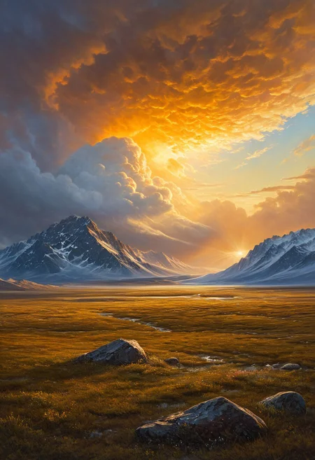 (masterpiece:1.4), (intricate details:1.4), (hyperrealistic:1.3),(painting:0.9),(fantasy landscape:1.3), Arctic tundra with permafrost patterns, Supercell rotating over prairie, Mammatus pouches under storm deck, Golden hour sidelight emphasizing texture, Yardang wind-sculpted ridges, Albert Bierstadt: (luminous skies), (dramatic mountain vistas), (hyperrealistic naturalism), (golden hour glow), Abandoned clockwork metropolis Long shot, Monochrome color guide,
