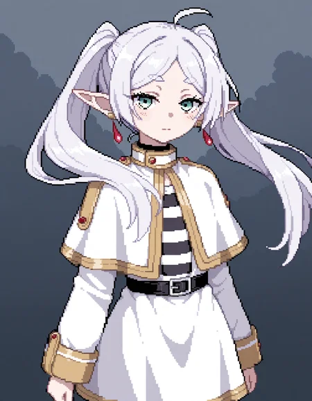 1girl, frieren, solo, pointy ears, elf, twintails, green eyes, white capelet, earrings, long hair, jewelry, capelet, white hair, simple background, cowboy shot, striped shirt, closed mouth, striped clothes, ahoge,<lora:pixel_style:0.8>, pixel art, floating hair, looking at viewer, cloudy sky, light blush, expressionless,, masterpiece,best quality,amazing quality,newest