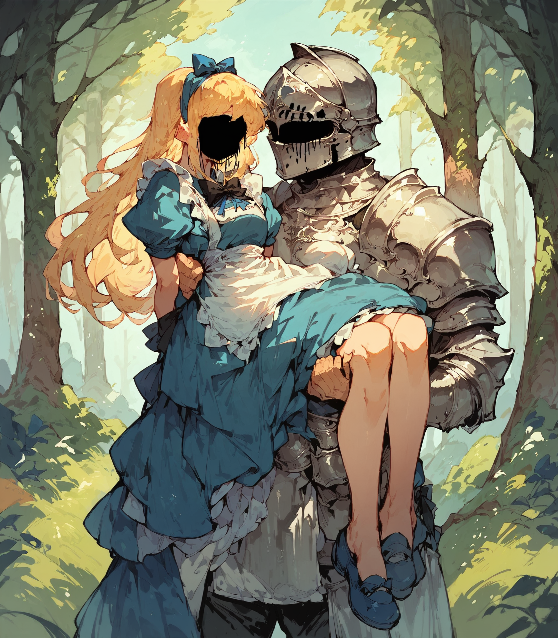 (score_9, score_8_up, score_7_up), 1boy wearing full armor, knight, helmet, princess carry, 1girl, black fluid face, blonde hair, long hair, alice in wonderland, blue hairband, blue ribbon, white apron, blue dress, black bow, standing, facing viewer, arms behind back, forest, <lora:black_fluid_face_ver1:1>