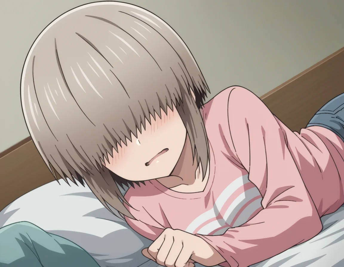 score_9, score_8_up, score_7_up, source_anime,
yanagiuzaki, <lora:yanagi-uzaki-s2-ponyxl-lora-nochekaiser:1>,
yanagi uzaki, short hair, bangs, grey hair, hair over eyes, covered eyes, long bangs, sidelocks,
shirt, long sleeves, pink shirt, collarbone, pants, denim,
indoors, bed, bed room, on side, blush, drunk,
looking at viewer, cowboy shot, solo, dutch angle,