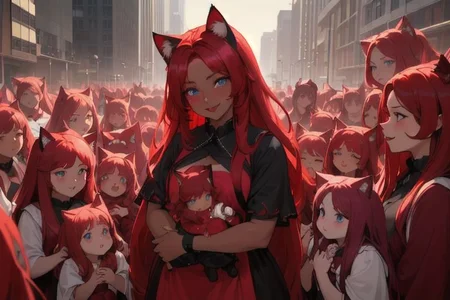 (masterpiece, best quality:1.5), (ultra realistic:1.5), (8k uhd, very high quality:1.5), (extremely detailed face:1.5), (everyone has ruby red cat ears and ruby red hair:1.5), (dark skin mother holding an endless amount of infants and surrounded by an endless amount of her children:1.5), (everyone smiling and happy:1.5), (everyone has bright blue eyes:1.5), (everyone has ruby red cat ears and long ruby red hair:1.5), (dark skin woman holding an endless amount of infants and surrounded by endless amount of her children that fill the entire background:1.5), (the dark skin mother is holding an endless amount of infants and is surrounded by an endless amount of her children that fill the entire background:1.5), (city background:1.5), (holding an endless amount of infants, dark skin, blue eyes, ruby red cat ears and ruby red hair:1.5)