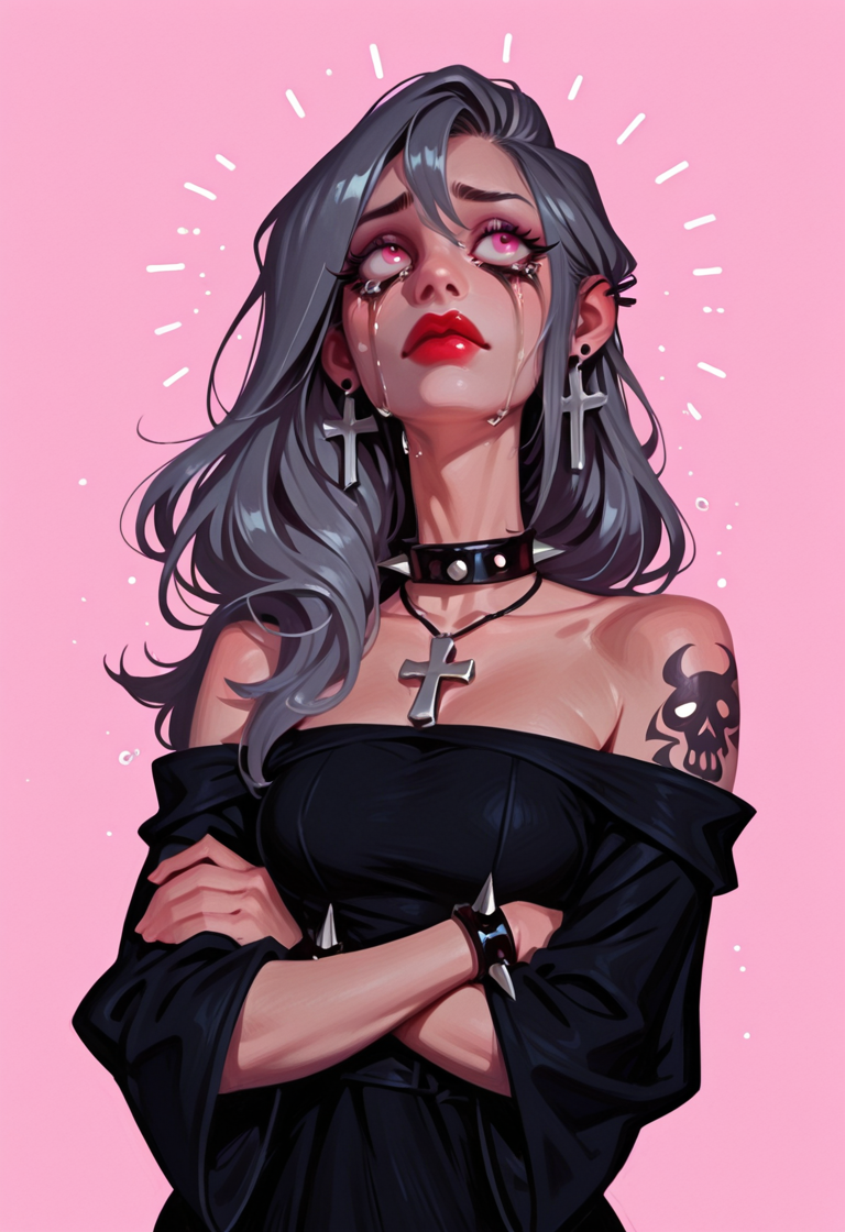 valbun, no lineart, no outline, masterwork, masterpiece, best quality, dynamic lighting, dynamic pose, dynamic angle, detailed, (realistic:1.4), (lineless:1.4), 1girl, jewelry, cross, solo, long hair, earrings, crossed arms, collar, dress, bare shoulders, necklace, cross earrings, runny makeup, red lips, cross necklace, spikes, grey hair, breasts, black dress, off shoulder, bracelet, makeup, tears, piercing, pink eyes, off-shoulder dress, arm tattoo, ear piercing, black collar, spiked collar, collarbone, lipstick, crying with eyes open, upper body, crying, spiked bracelet, wide sleeves, standing, simple pink background