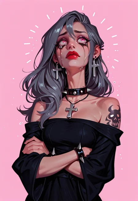 valbun, no lineart, no outline, masterwork, masterpiece, best quality, dynamic lighting, dynamic pose, dynamic angle, detailed, (realistic:1.4), (lineless:1.4), 1girl, jewelry, cross, solo, long hair, earrings, crossed arms, collar, dress, bare shoulders, necklace, cross earrings, runny makeup, red lips, cross necklace, spikes, grey hair, breasts, black dress, off shoulder, bracelet, makeup, tears, piercing, pink eyes, off-shoulder dress, arm tattoo, ear piercing, black collar, spiked collar, collarbone, lipstick, crying with eyes open, upper body, crying, spiked bracelet, wide sleeves, standing, simple pink background