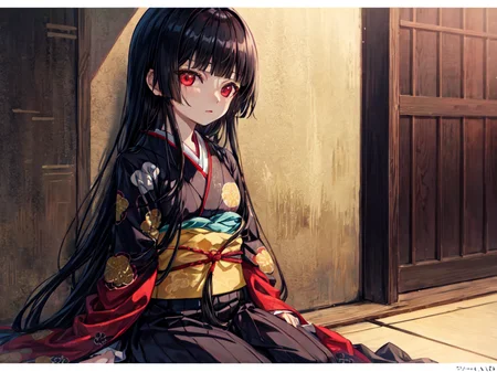1girl, solo, black_gold_brocade_kimono, expressionless,Lycoris radiata,lora:em_ai_v1-000008:1