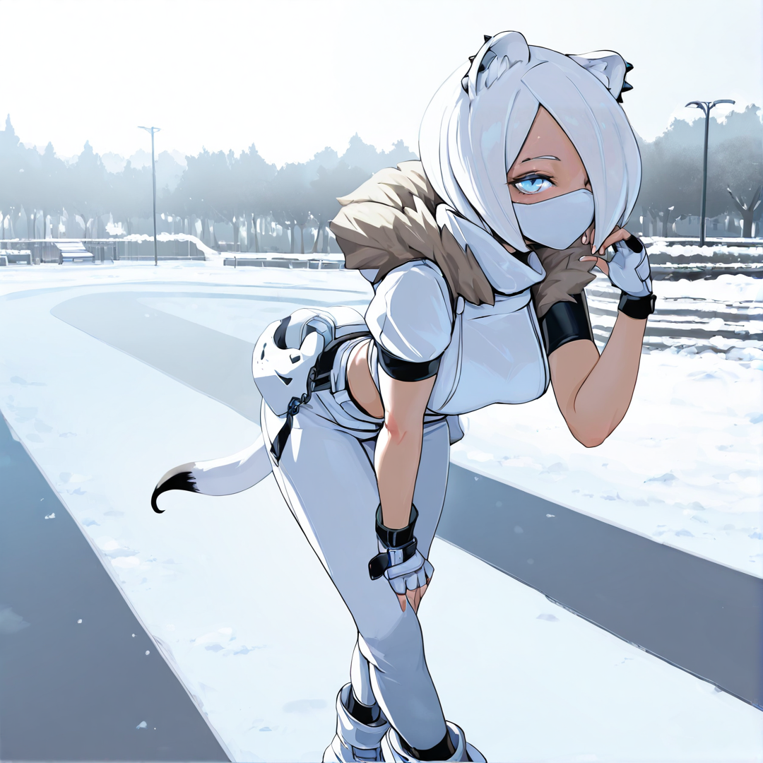 1girl, solo, standing, contrapposto, hand up, leaning forward, perspective, winter, public park,
masterpiece, high quality, highly detailed, lazypos, realistic, 
<lora:Arknights_Shirayuki_ILLUSTRIOUS:0.8> akshirayuki, weasel ears, white tail, blue eyes, white hair, hair over one eye, ear piercing, shirayuskin, official alternate costume, fur trim, white mask, white boots, white clothes, white pants, belt accessory, undershirt, short sleeves, fingerless gloves
 <lora:reido-IL:0.65> <lora:Pochincoff_v2:0.45> pochincoff