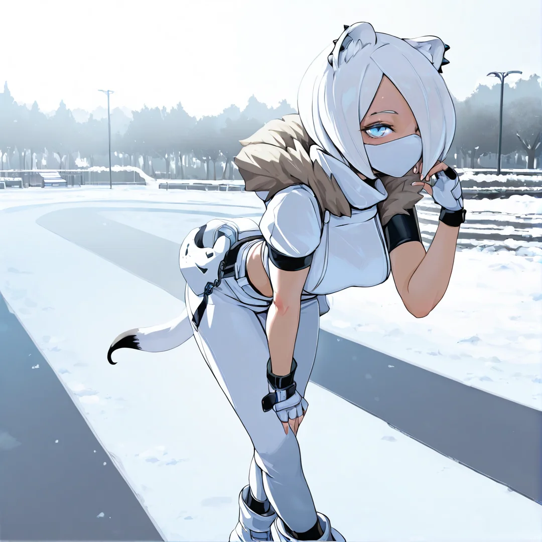 1girl, solo, standing, contrapposto, hand up, leaning forward, perspective, winter, public park,
masterpiece, high quality, highly detailed, lazypos, realistic,
<lora:Arknights_Shirayuki_ILLUSTRIOUS:0.8> akshirayuki, weasel ears, white tail, blue eyes, white hair, hair over one eye, ear piercing, shirayuskin, official alternate costume, fur trim, white mask, white boots, white clothes, white pants, belt accessory, undershirt, short sleeves, fingerless gloves
<lora:reido-IL:0.65> <lora:Pochincoff_v2:0.45> pochincoff