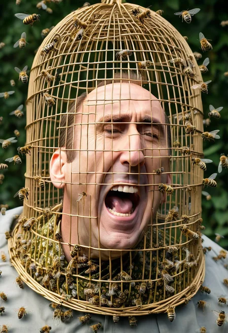 (Nicholas Cage:1.2), (large bell-shaped open mesh wicker cage on head covering face:1.6), cage full of bees, screaming in pain, closeup, swarm of bees on face, (eyes closed:1.0), (bees on eyes:1.0), (bees in mouth:1.0), dutch angle, head tilt, straining, in shadow,