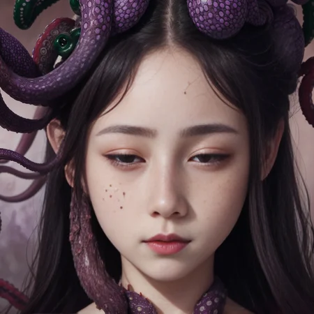 japanese line art , High detail, high definition, and highly detailed masterpiece. Double exposure of ( 1 young girl eyes closed with black freckles all over her body) and (purple red and green tentacles). Mystical, luminist atmosphere. In the style of takato yamamoto, red full moon on background , <lora:takma2:1.2>