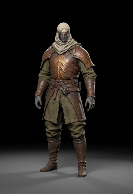 Bandit dressed in a medieval fantasy  Adventurer Set 
 wearing distinctive layered armor. The character has a sturdy leather breastplate decorated with an eye-catching chevron pattern in copper or bronze tones. Their outfit consists of olive green padded clothing underneath, with short pants and wrapped arm guards. A light head wrapping and simple circlet protect their head, while practical leather boots complete the outfit. The armor design suggests a blend of protection and mobility, suited for traversing rough terrain. The color palette harmonizes earthy tones - browns, greens, and copper. The overall style appears influenced by fantasy RPG character design, with a practical adventurer's aesthetic that balances form and function.
 Their face is obscured by shadows.
Standing on a flat gray ground  and black background, the camera angle is high rotated at a 45 degree angle
Set against a solid dark black color background to emphasize its unnatural form that emphasizes its silhouette. The medium is not a traditional painting or illustrative medium like watercolor or ink but rather a digital 3D rendering.
MikeFranchinastyle, bbstyle,, horror theme,, ZBClay model of a gray sculpture, zbrush, d4arks0uls, overcast lighting, jedioutfit