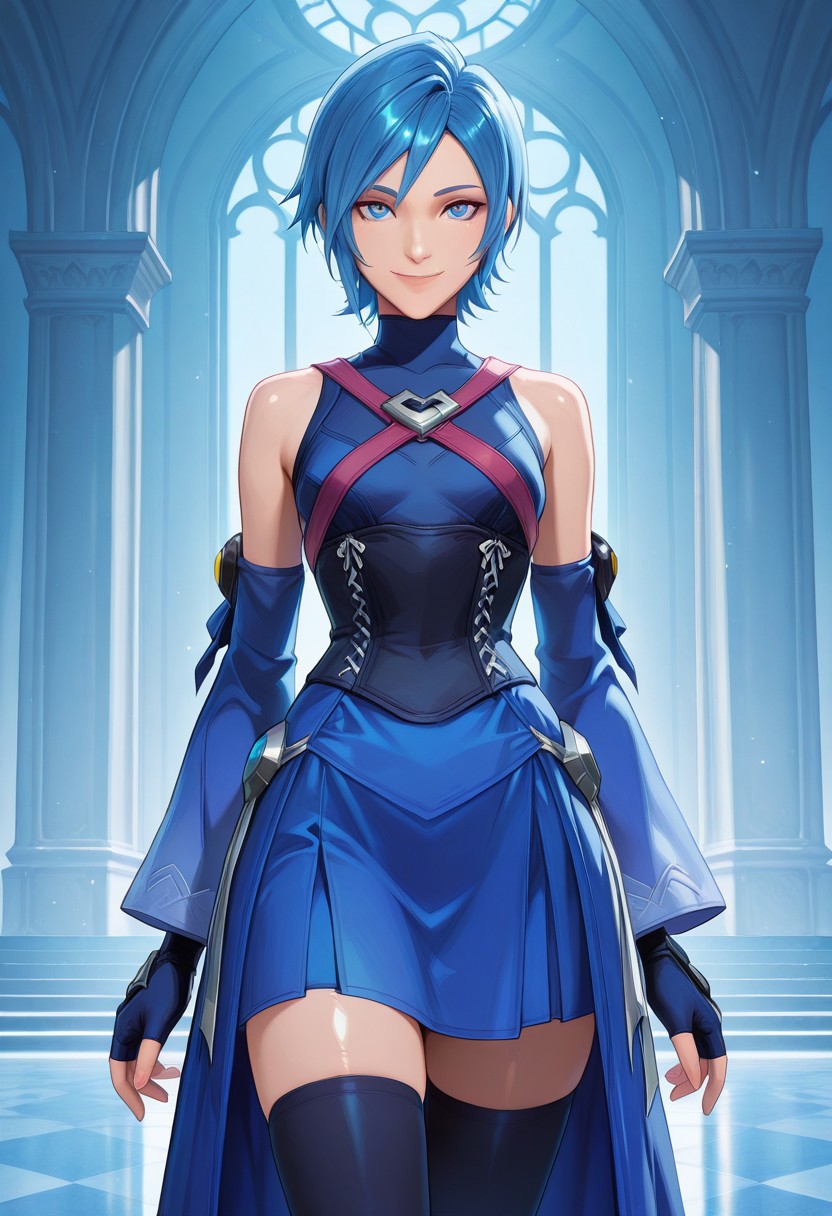 (score_9, score_8_up:1.1), score_7_up, 8k, masterpiece, high quality, extremely detailed, MarvelRivals, semi realistic, cartoon, <lora:AMarvelRivals_style-06:1>, 
prefect lighting, very aesthetic, intricate details, highly detailed background, masterpiece, high quality, perfect hands, best quality, 1girl, solo, slim, skinny, small breasts, aquakh, short hair, blue hair, blue eyes, bare shoulders, detached sleeves, turtleneck, corset, sleeveless, gloves, blue skirt, fingerless gloves, long sleeves, dress, black thighhighs, strap, smile, looking at viewer, indoors, castle, blue sky, cowboy shot,
cold soft lighting, shiny skin, perfect reflection, perfect lighting, perfect shadows, perfect anatomy, perfect chest, perfect hips, perfect legs and feet, perfect hands, perfect face, perfect eyes, perfect waist, perfect body, perfect face shape, perfect mouth, perfect hair, perfect waist, best quality, detailed hair, expressive eyes, sexy, long legs, slim body