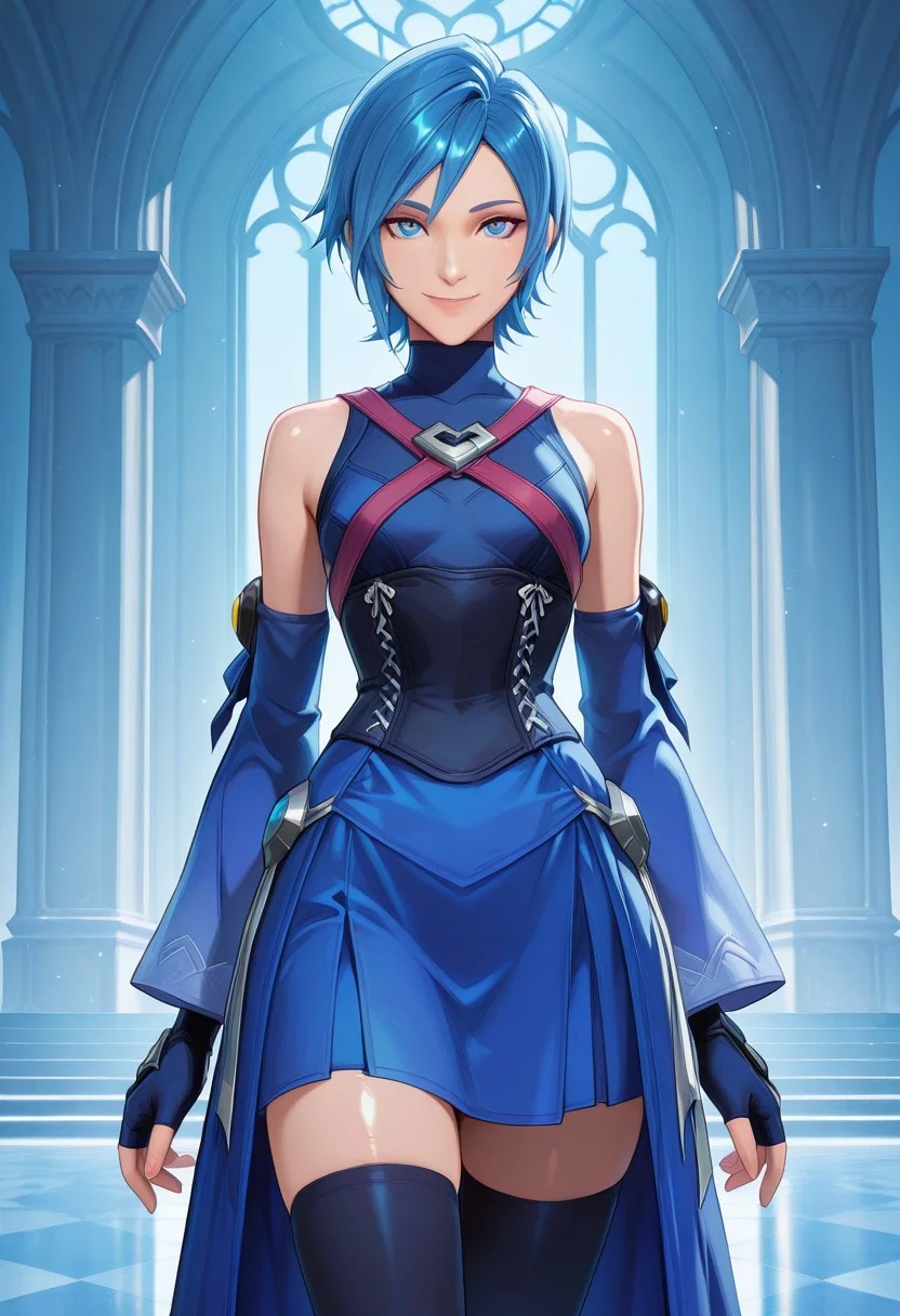 (score_9, score_8_up:1.1), score_7_up, 8k, masterpiece, high quality, extremely detailed, MarvelRivals, semi realistic, cartoon, <lora:AMarvelRivals_style-06:1>, 
prefect lighting, very aesthetic, intricate details, highly detailed background, masterpiece, high quality, perfect hands, best quality, 1girl, solo, slim, skinny, small breasts, aquakh, short hair, blue hair, blue eyes, bare shoulders, detached sleeves, turtleneck, corset, sleeveless, gloves, blue skirt, fingerless gloves, long sleeves, dress, black thighhighs, strap, smile, looking at viewer, indoors, castle, blue sky, cowboy shot,
cold soft lighting, shiny skin, perfect reflection, perfect lighting, perfect shadows, perfect anatomy, perfect chest, perfect hips, perfect legs and feet, perfect hands, perfect face, perfect eyes, perfect waist, perfect body, perfect face shape, perfect mouth, perfect hair, perfect waist, best quality, detailed hair, expressive eyes, sexy, long legs, slim body