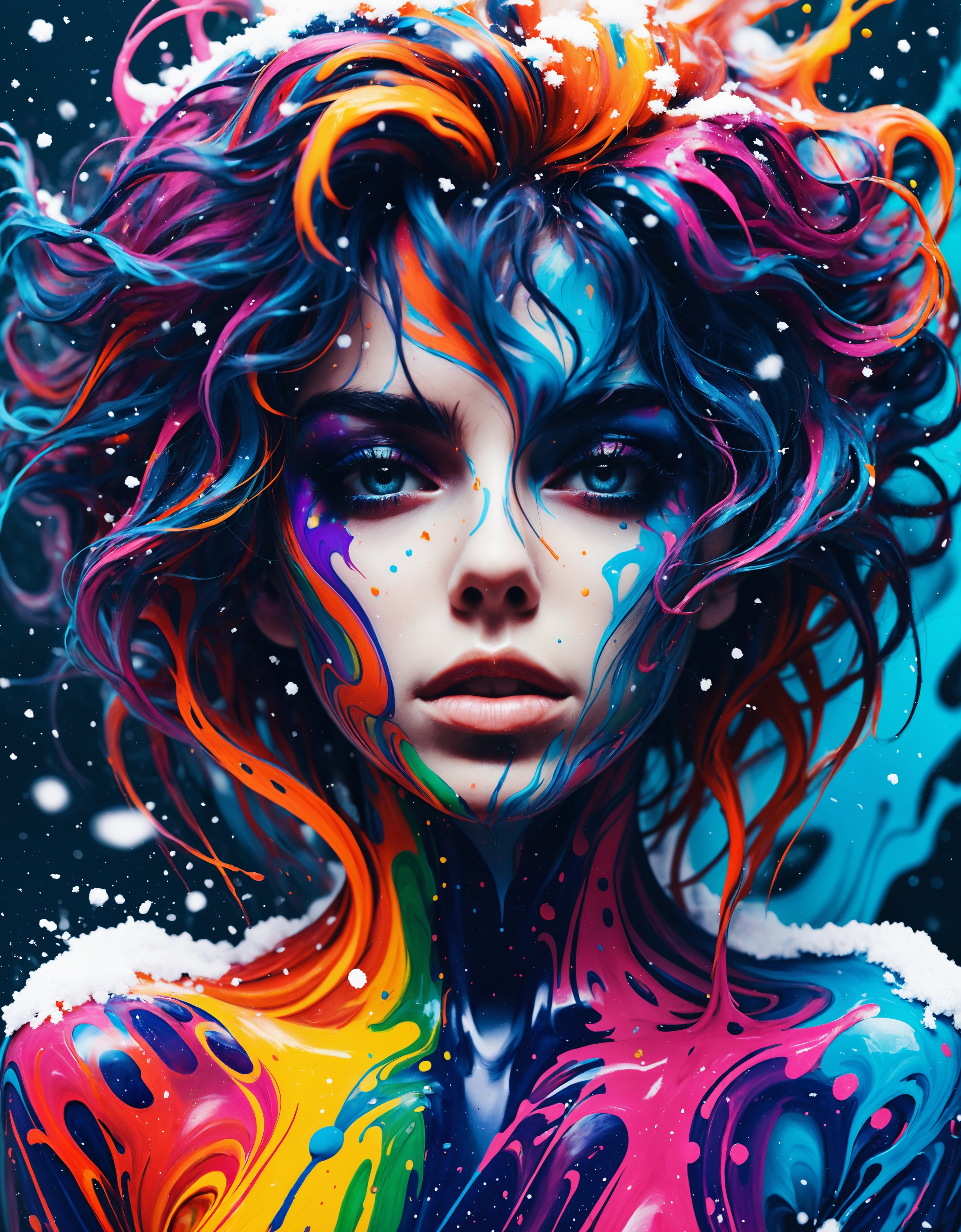 zavy-lqdprtrt, liquid paint, Girl, Disgusting, Knotty hair, Skillful Scars, Snowing, psychedelic colors, glitter texture, Flickr, vivid colors, illustrious quality, fine polished, illustrious, extremely stylish, rich vivid colors, beautiful, dynamic dramatic composition