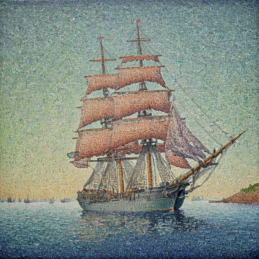 Realistic detailed of frigate by AH_Signac  Pointillism dots <lora:Paul_Signac_Neo-Impressionist_dotted_paintings_Pointillism:0.7>