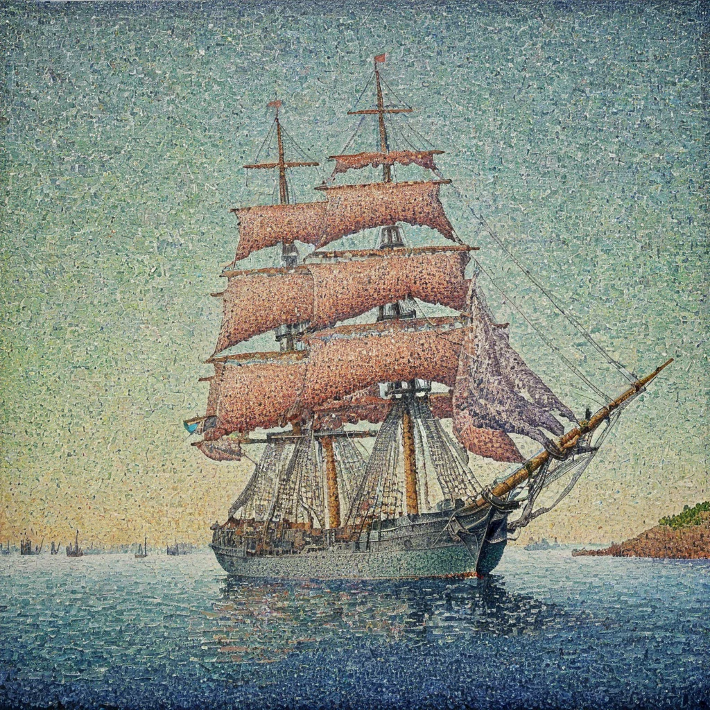 Realistic detailed of frigate by AH_Signac Pointillism dots <lora:Paul_Signac_Neo-Impressionist_dotted_paintings_Pointillism:0.7>