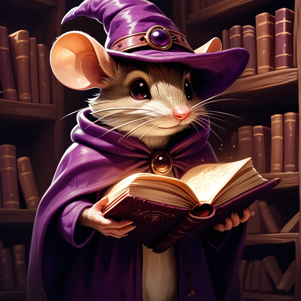core_9, score_8_up, score_7_up, <lora:MazesMicePony:0.8> MazesAndMice, The image is a digital illustration of a mouse wearing a purple hat and cloak. The mouse is holding an open book in its paws and is looking at the camera with a curious expression. The book appears to be a fairy tale or fairy tale as there is a small light shining from the pages. The background is filled with bookshelves and a wooden ladder suggesting that the mouse is in a library or a study. The overall mood of the image is whimsical and magical., book, hat, mouse, solo, holding, open book, whiskers, furry, witch hat, holding book