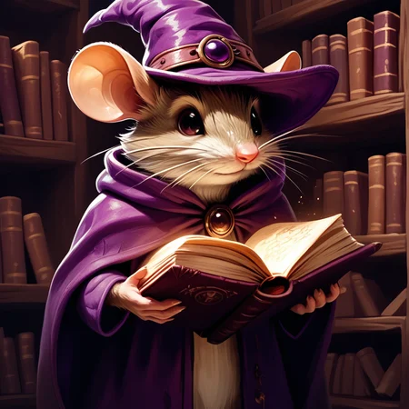 core_9, score_8_up, score_7_up, <lora:MazesMicePony:0.8> MazesAndMice, The image is a digital illustration of a mouse wearing a purple hat and cloak. The mouse is holding an open book in its paws and is looking at the camera with a curious expression. The book appears to be a fairy tale or fairy tale as there is a small light shining from the pages. The background is filled with bookshelves and a wooden ladder suggesting that the mouse is in a library or a study. The overall mood of the image is whimsical and magical., book, hat, mouse, solo, holding, open book, whiskers, furry, witch hat, holding book