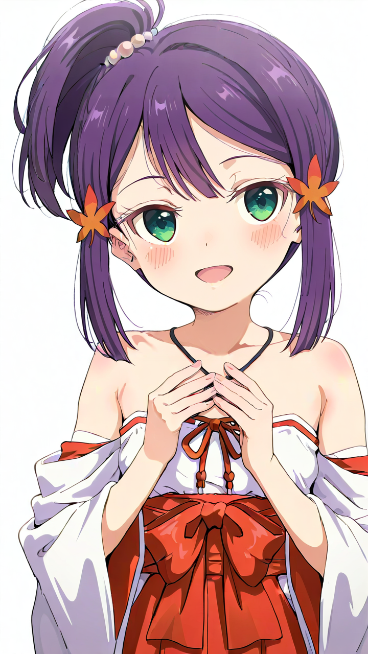 white_background,simple background,1girl,solo,looking_at_viewer,anime screenshot,sincos,<lora:Kaede_Illustrious_v15:1>,Kaede,looking_up,smile,spread_fingers,miko,open mouth,, masterpiece, best quality