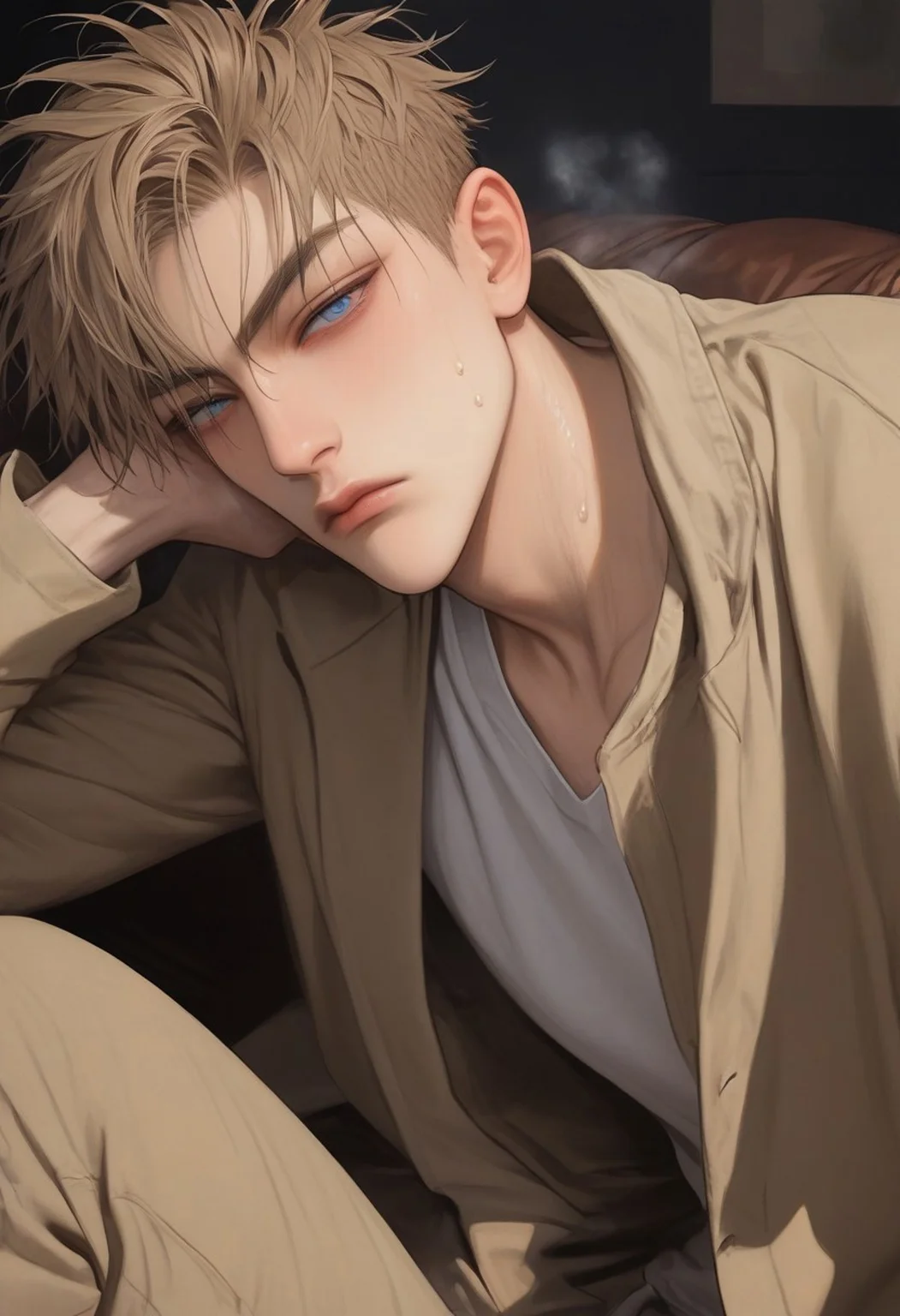 1boy, solo, male focus, slim toned male, xixi_(19_days), zhan_zheng_xi, brown blonde hair, short hair, pale skin, blue grey eyes, slim face, detailed eyes, satisfaction, satisfied, neutral, detailed face, slim face,
dark theme, intense shadow, intimidating, chest close to viewer, dark light, no light, dark out, shadow,
casual clothes, pants, coat, sweaty hair, long sleeves, looking at viewer, from side view,
sweating, sweat, steaming, heavy breathing, front view, seductive, romantic, in a sofa, (lounging:1.1), relax
rating PG, score_9,score_8_up,score_7_up, source_anime, male focus, manly, tall, detailed eyebrow, sharp eyebrows, focus on thigh, thigh focus, random view