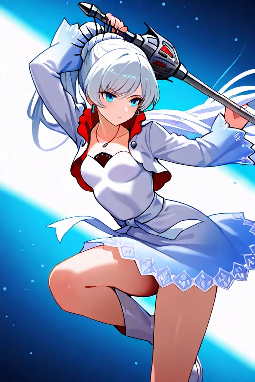 masterpiece, High quality, Ultra detailed, 2d, newest, absurdres, highres, BREAK
1girl, solo, <lora:weiss_schnee:0.8>, weiss_schnee, long hair, ponytail, white hair, blue eyes, scar across eye, earrings, jewelry, necklace,
small breasts, weissdef, long sleeves, cropped jacket, high collar, white dress, boots, white footwear,
holding rapier, fighting stance, closed mouth, arms up,
