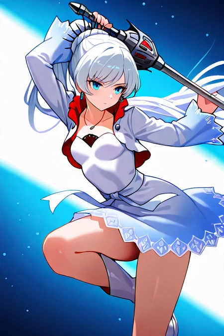masterpiece, High quality, Ultra detailed, 2d, newest, absurdres, highres, BREAK
1girl, solo, <lora:weiss_schnee:0.8>, weiss_schnee, long hair, ponytail, white hair, blue eyes, scar across eye, earrings, jewelry, necklace, 
small breasts, weissdef, long sleeves, cropped jacket, high collar, white dress, boots, white footwear, 
holding rapier, fighting stance, closed mouth, arms up,