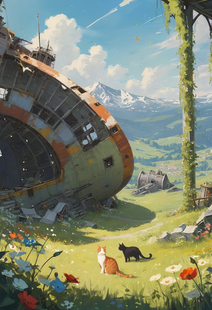The destroyed badly damaged old space ship in a beautiful meadow. Cats on it. (Broken windows, broken body, spare parts scattered nearby.) Grass and flowers grow around it. Sunny summer day. Mountains. Calm and beautiful. Detailed art, many details, cute, adorable, fairytale, storybook detailed illustration, cinematic, ultra highly detailed, beautiful details, vibrant colors, complex background, fine art, (oil painting, strokes of paint), best quality <lora:xl_more_art-full_v1:0.3>