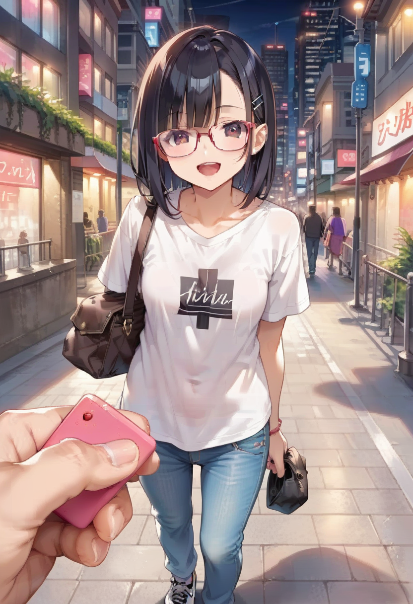 score_9, score_8_up, score_7_up, rating_safe, masterpiece, best quality, absurdres, unity 8k wallpaper, official art, official style, source_anime, uncensored, game cg, megami magazine,
1girl, solo, glasses, black hair, medium hair, medium breasts, casual style, jeans, t-shirts, sneakers, hoodies, simple accessories, comfortable clothing, bag, happy, laughing, looking at viewer,
remote controller, remote control, holding, pov, street, city lights, cityscape, lamppost,
<lora:remocon_PONY_V1:1>