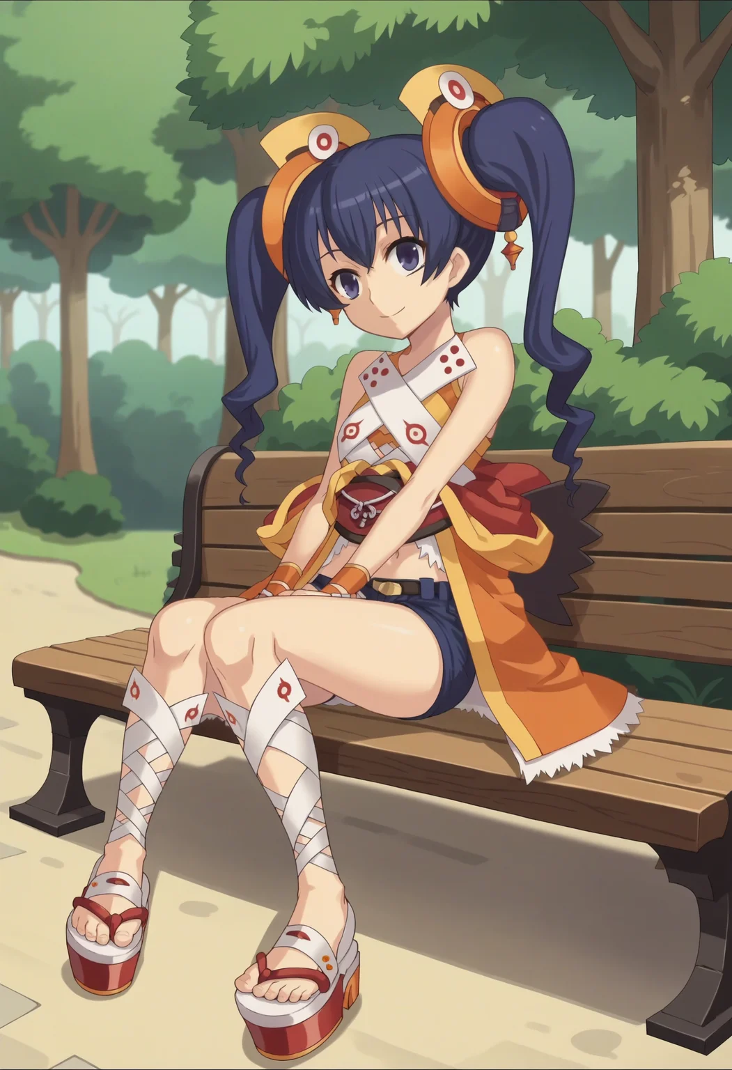 score_9, score_8_up, score_7_up, score_6_up, score_5_up, score_4_up , anime coloring ,BREAK source_anime, anime,screencap,
1girl, solo, coconab, hair ornament, japanese clothes, midriff, short shorts, platform footwear, blue shorts, wrist cuffs, <lora:PonyXL CoconaB V1:1>
outdoors, park, sitting on bench,
smile, looking at viewer,