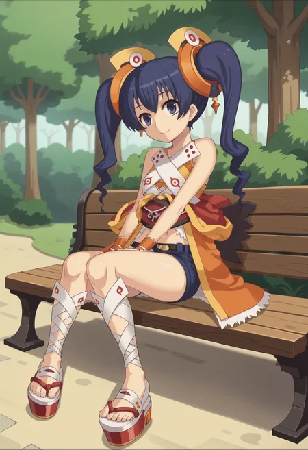score_9, score_8_up, score_7_up, score_6_up, score_5_up, score_4_up , anime coloring ,BREAK source_anime, anime,screencap,
1girl, solo, coconab, hair ornament, japanese clothes, midriff, short shorts, platform footwear, blue shorts, wrist cuffs, <lora:PonyXL CoconaB V1:1>
outdoors, park, sitting on bench,
smile, looking at viewer,