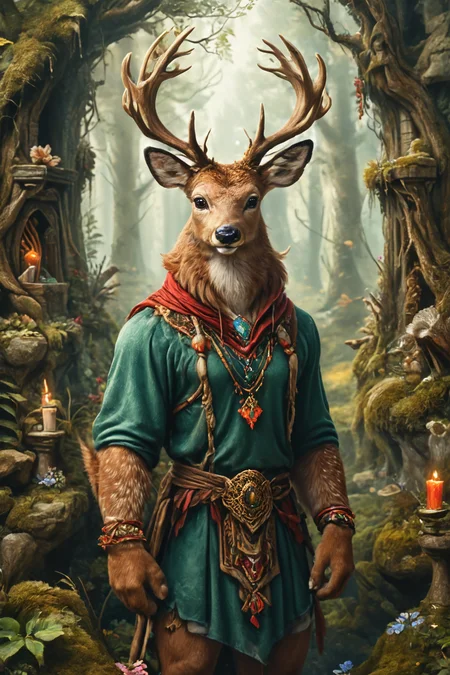 Detailed digital portrait of an anthro Deer at a Hidden forest shrine with mystical aura, <lora:xl_more_art-full_v1:0.5>, <lora:The_Crazy_Style:0.7> <lora:anthro_muscular:0.7>