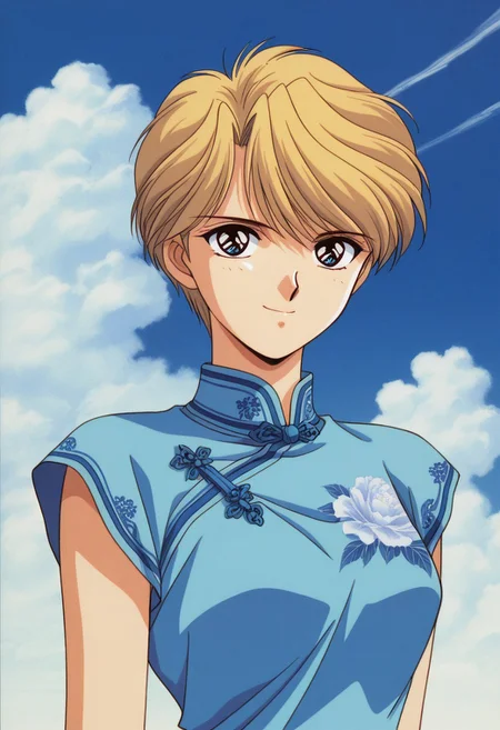 masterpiece, best quality, source_anime,official art,perfect_anatomy,1990s_\(style\),retro_artstyle,yui hongo,1girl,blue eyes,blonde hair,short hair,very short hair,Antique Chinese Dress,looking_at_viewer,smile,upper body,day,blue_sky,cloud