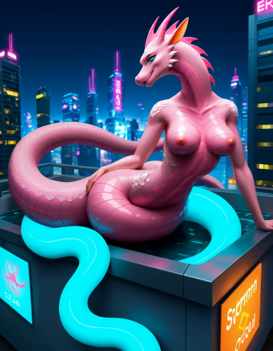 epirezumiworld, science fiction cyberpunk epirezumiworld serpentine dragon with neon pink glows on it's fur and and blue inner glow, coiled around a epirezumiworld sky scraper in a city with neon lights,