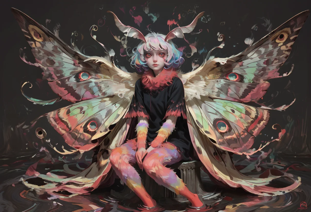 score_9, score_8_up, score_7_up, moth, wings, monster girl, red sclera, old, flapping wings, sitting, swirls, abstract, ripples, colorful, <lora:mothXLP:1,1,0,0,1,0,1,1,1,0,0,0> <lora:swirlsXLP:1,1,0,0,1,0,1,1,1,0,0,0>