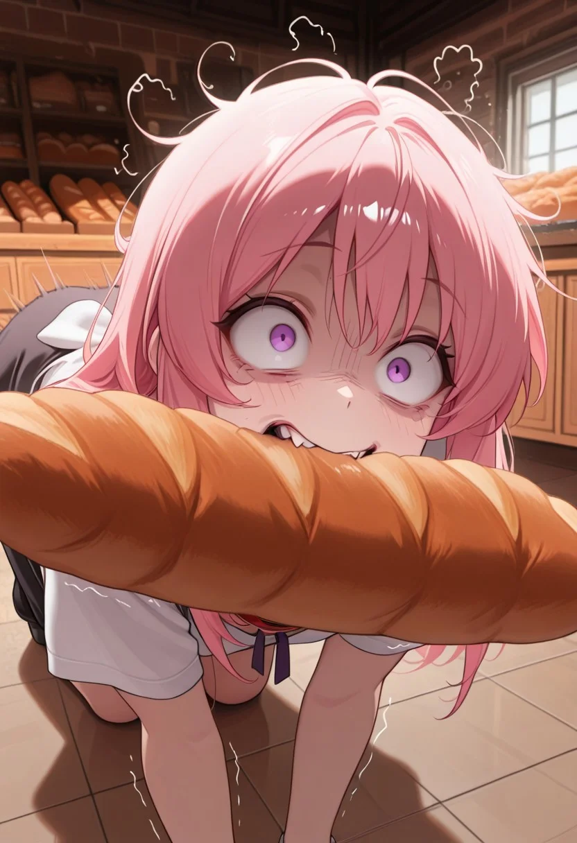 masterpiece, best quality, amazing quality, 1girl, CivChan, purple eyes, pink hair, solo focus, motion lines, upper body, crazy eyes, wide-eyed, constricted pupils, rapid, biting baguette, bak3ry, bakery, indoors, shop, bread, baguette, on all fours, on floor, wearing dog collar, shaking head,