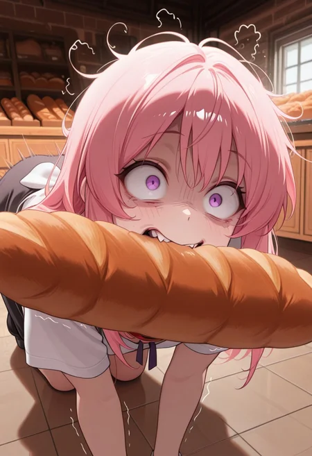 masterpiece, best quality, amazing quality, 1girl, CivChan, purple eyes, pink hair, solo focus, motion lines, upper body, crazy eyes, wide-eyed, constricted pupils, rapid, biting baguette, bak3ry, bakery, indoors, shop, bread, baguette, on all fours, on floor, wearing dog collar, shaking head,