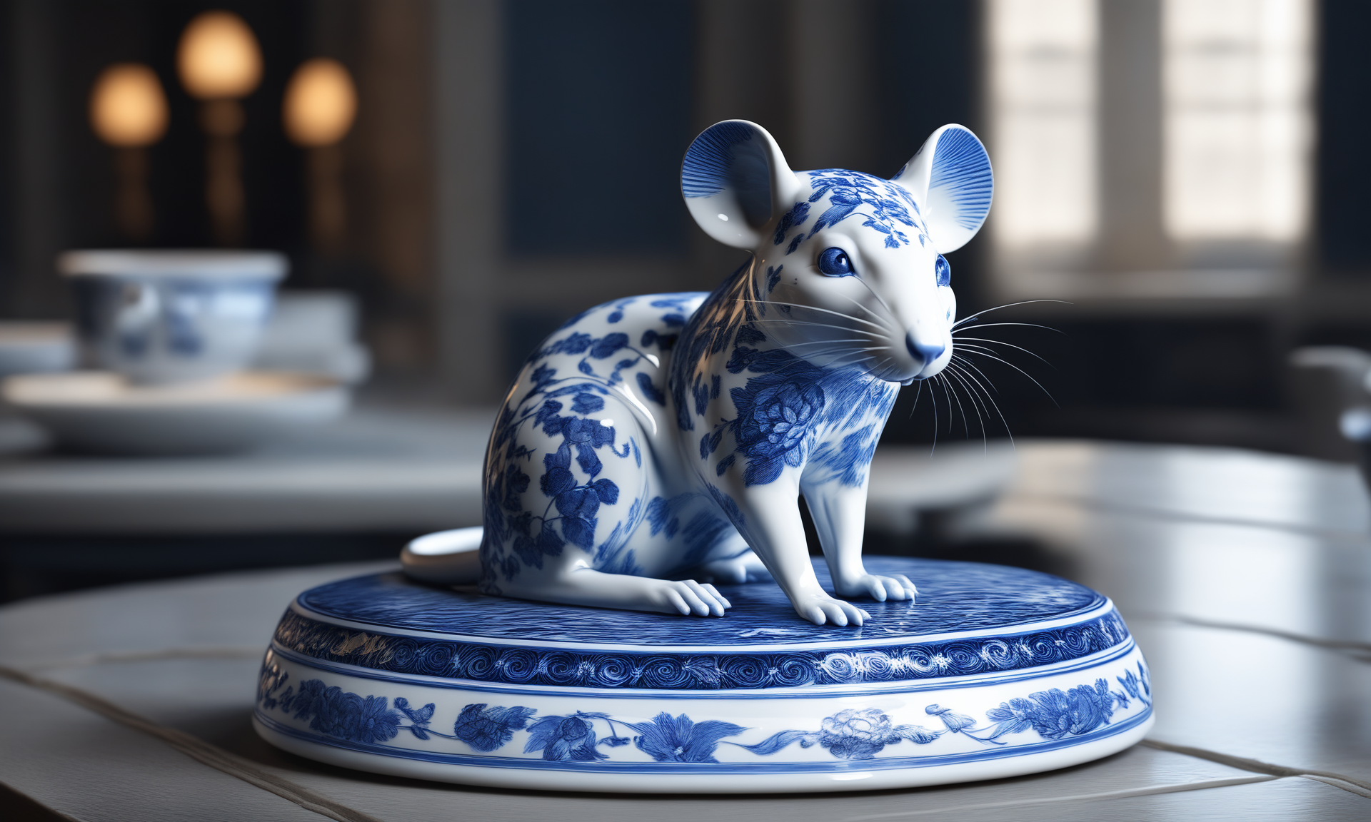 <lora:bwporcelaincd_xl-000007:0.7>, a statue of a rat standing on a table made of (bwporcelaincd_xl, blue and white porcelain, porcelain:1.2, shiny:1.3, solo:1.3) in office, indoors, full body, chinese zodiac, cutie, cute, still life, animal statue, front view, facing viewer, looking at viewer, (Unbelievable Digital Artwork:1.3), CGSociety, ArtStation, master works, 8K,HDR,UHD,masterpiece,best quality,highly detailed,emotional,harmonious,high budget,moody,epic,gorgeous,high resolution,perfect lighting,finely detail,extremely detailed,ultra detailed,realistic,photorealistic,huge filesize,photographic,real,wallpaper,moody lighting,volumetric lighting,reality ray tracing