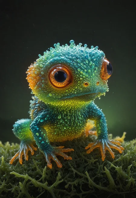 (Micro frog), cute, ultra detailed macro photography, bioluminescent, cute animal, a housed mystical stunning (Micro puppy), TheWeirdies, zavy-flrscnc, fluorescent, fluorescent dust,