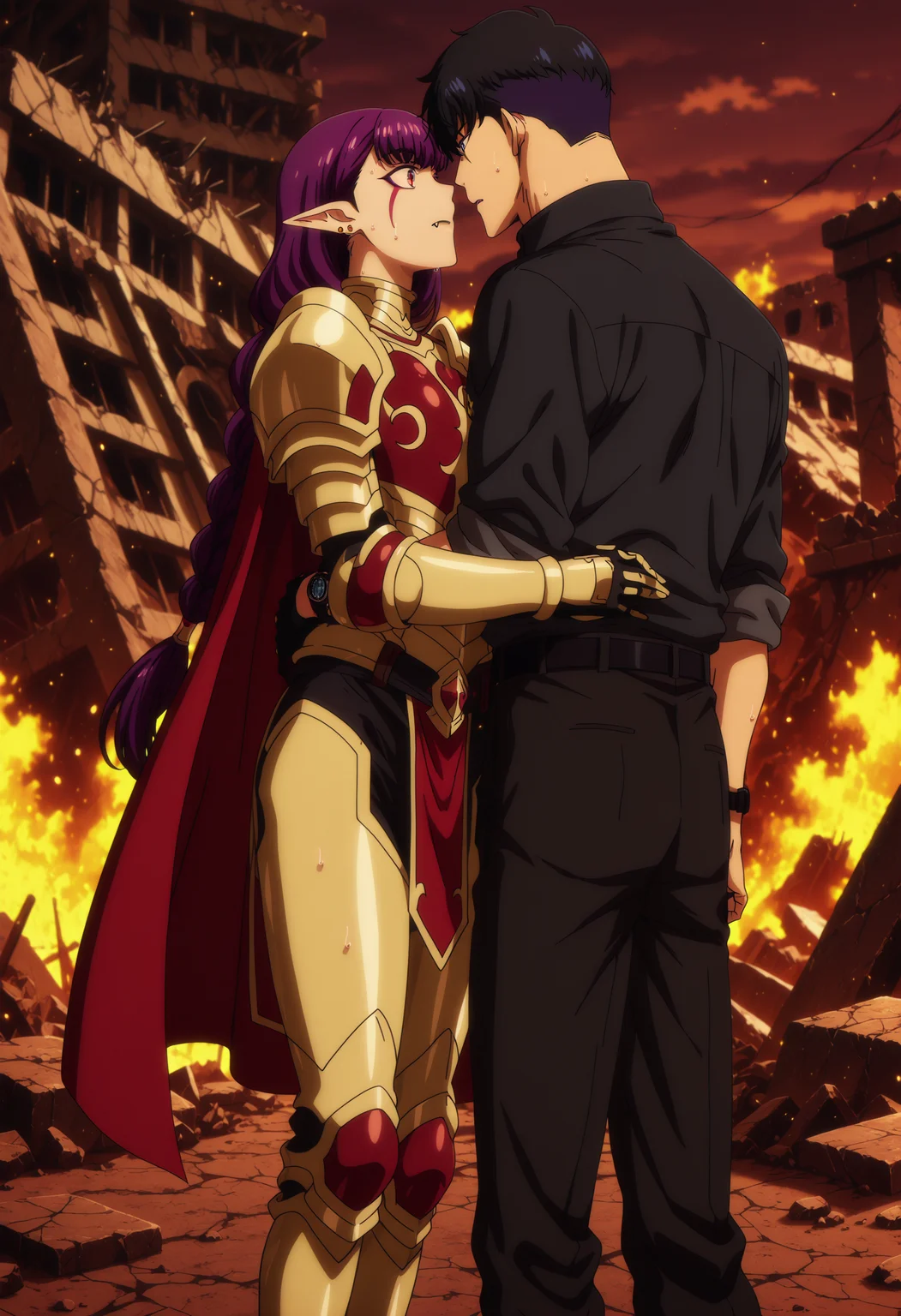 source anime,anime screencap,anime coloring,intricate details,fake screenshot,masterpiece, best quality, very aesthetic, dramatic lighting, illustration,
uncensored,
BREAK,
esil radiru, esil, pointy ears, 1girl, purple hair,jewelry, earrings,facial mark, fangs, bangs, braid,single braid, very long hair, long hair, ear piercing, red eyes, piercing, facial tattoo, elf, medium breasts,facial tattoo,mature female,
armor, cape, pauldrons, shoulder armor, gold armor, gauntlets, boots,
sweat,
perfect face, beautiful eyes, beautiful face,perfect anatomy,
BREAK,
1boy, sung jin-woo,black hair,short hair, blue eyes, toned male,
wristwatch, black belt, sleeves rolled up, collared shirt, black shirt, black pants,
BREAK,
couple, looking at another, hug, height difference, imminent kiss,
BREAK,
solo leveling,
sidelighting, beautiful background,
Detailed Background, scenery, outdoors, fire, ruins, dim lighting, evening, dusk, dawn,
<lora:Esil_by_Nyx_for_Illu_v2:0.8>, <lora:saimin_seishidou_by_Nyx_for_Illu:0.7>,<lora:Smooth Booster detail:0.7>, <lora:modern_anime_screencap_v1_0:1>,