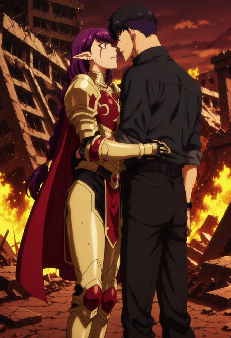 source anime,anime screencap,anime coloring,intricate details,fake screenshot,masterpiece, best quality, very aesthetic, dramatic lighting, illustration,
uncensored,
BREAK,
esil radiru, esil, pointy ears, 1girl, purple hair,jewelry, earrings,facial mark, fangs, bangs, braid,single braid, very long hair, long hair, ear piercing, red eyes, piercing, facial tattoo, elf, medium breasts,facial tattoo,mature female,
armor, cape, pauldrons, shoulder armor, gold armor, gauntlets, boots,
sweat,
perfect face, beautiful eyes, beautiful face,perfect anatomy,
BREAK,
1boy, sung jin-woo,black hair,short hair, blue eyes, toned male,
wristwatch, black belt, sleeves rolled up, collared shirt, black shirt, black pants,
BREAK,
couple, looking at another, hug, height difference, imminent kiss,
BREAK,
solo leveling,
sidelighting, beautiful background,
Detailed Background, scenery, outdoors, fire, ruins, dim lighting, evening, dusk, dawn,
<lora:Esil_by_Nyx_for_Illu_v2:0.8>, <lora:saimin_seishidou_by_Nyx_for_Illu:0.7>,<lora:Smooth Booster detail:0.7>, <lora:modern_anime_screencap_v1_0:1>,
